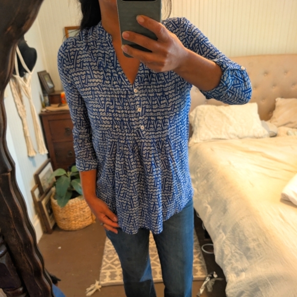 Anthropologie HD In Paris Blue Patterned Women's Top Blouse Size 4 Work